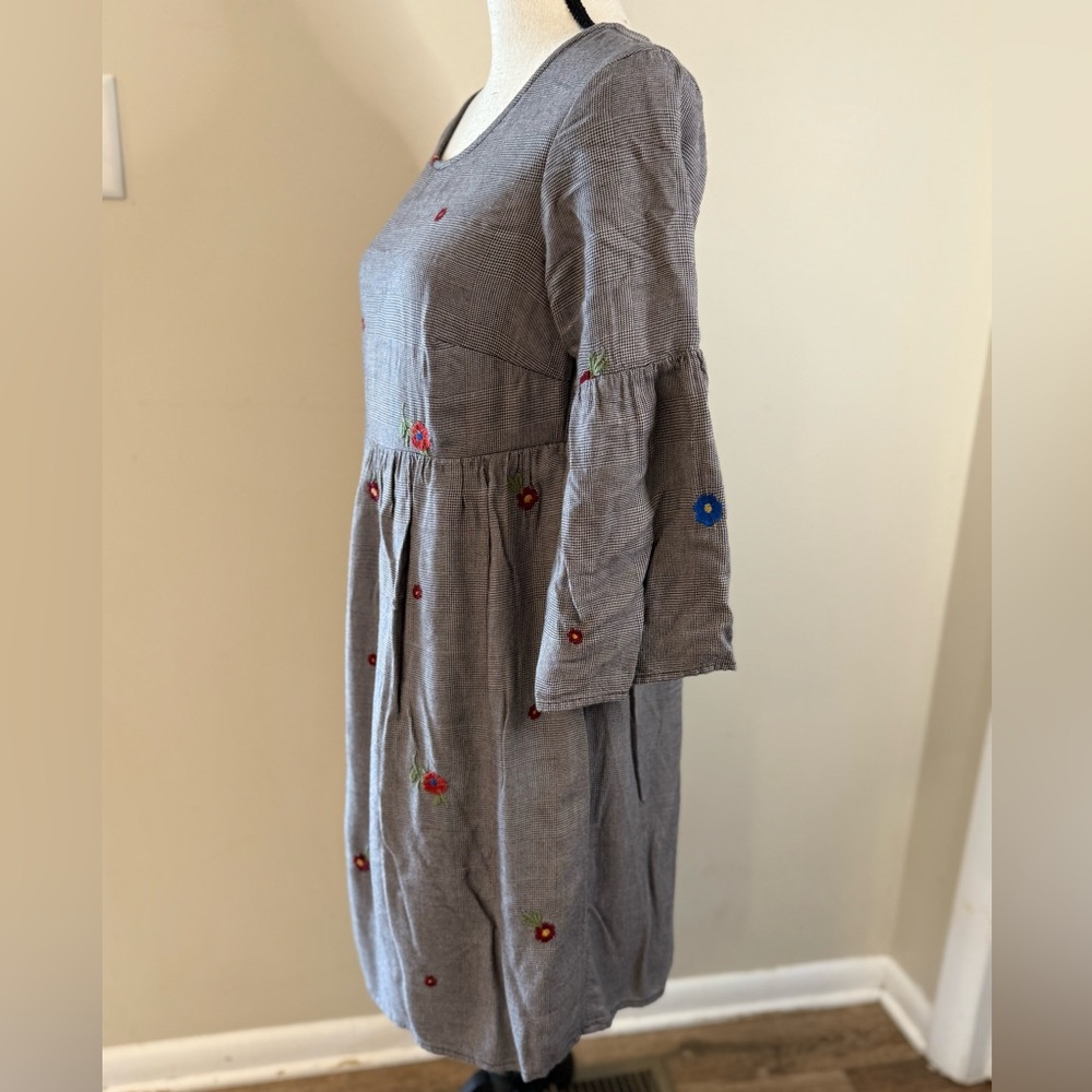 Emberley floral embroidered black white plaid mini dress SZ SM - Picture 2 of 14